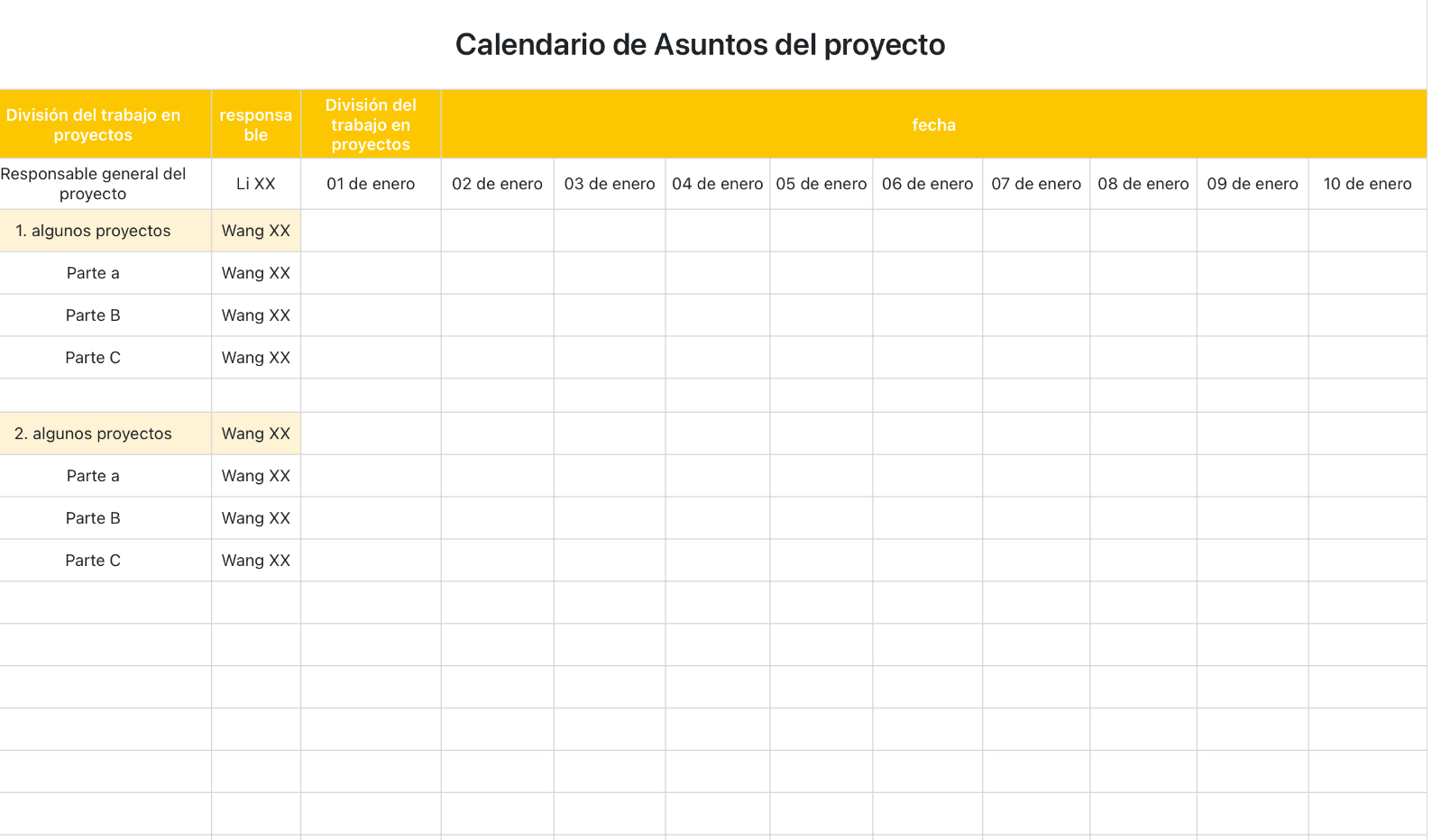 Calendario de Asuntos del proyecto